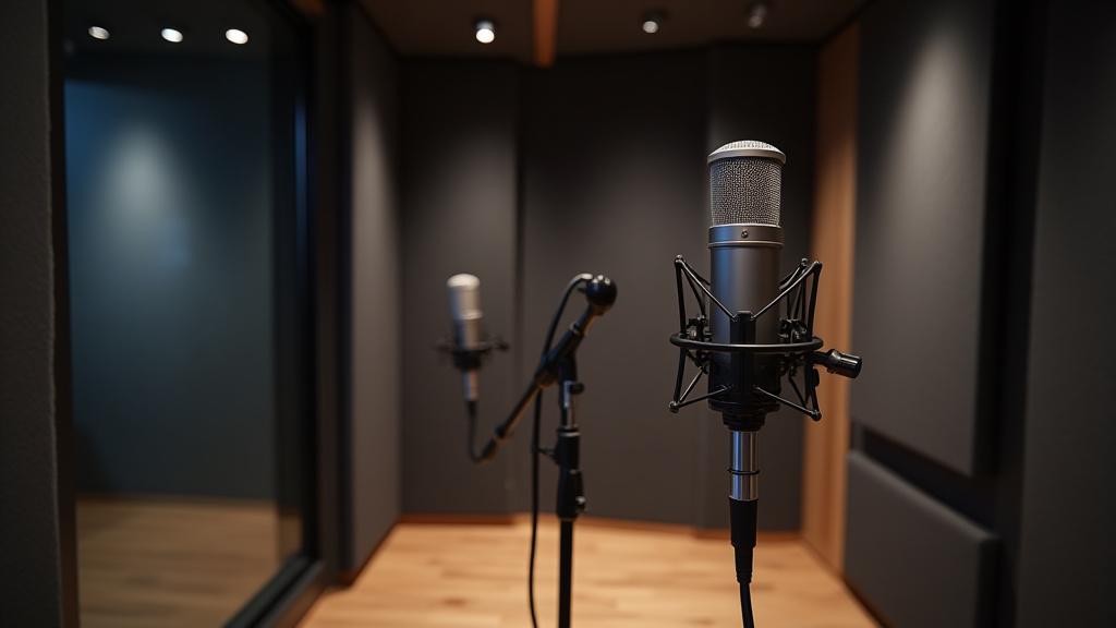 プロフェッショナルなボーカルブース。吸音材とマイクが設置されている。